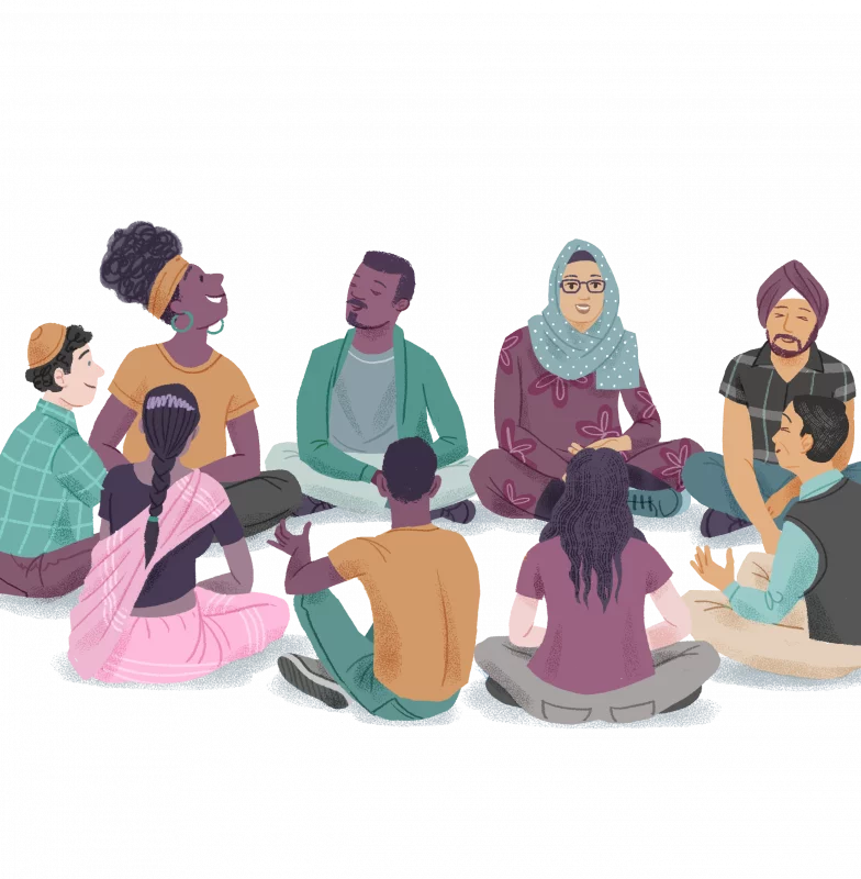 Illustration of a religiously and ethnically diverse group of people sitting in a circle on the floor. Illustrator: Toby Newsome.