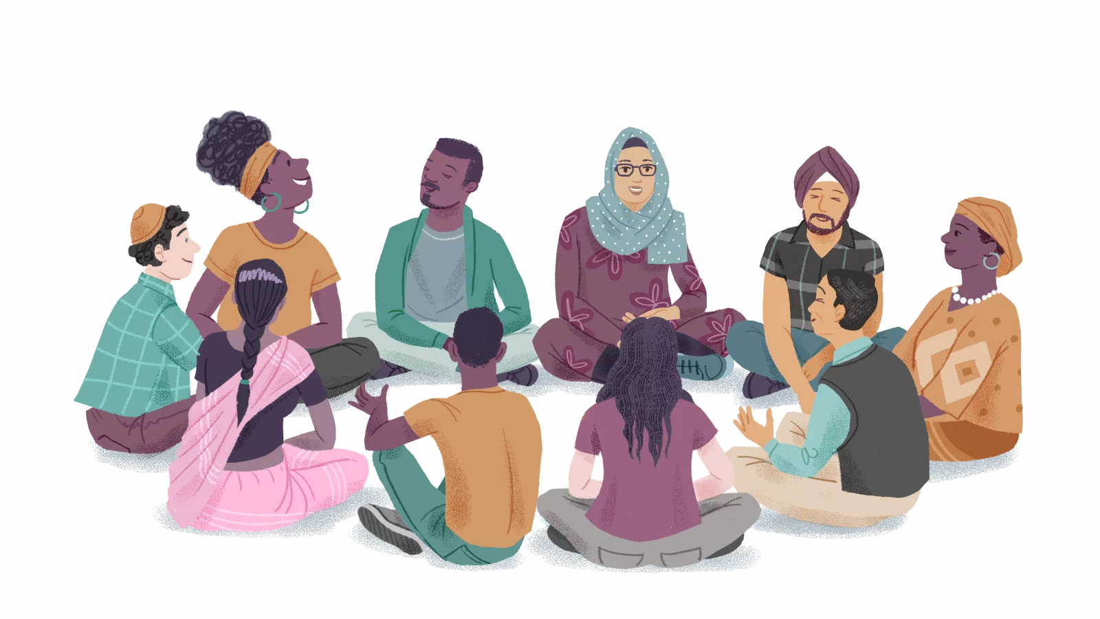 Illustration of a religiously and ethnically diverse group of people sitting in a circle on the floor. Illustrator: Toby Newsome.
