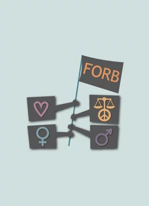 Illustration: FORB flag held up by signs for peace, love and humans. Illustrator: Toby Newsome