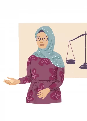 Illustration: a woman giving a presentation. Illustrator: Toby Newsome.
