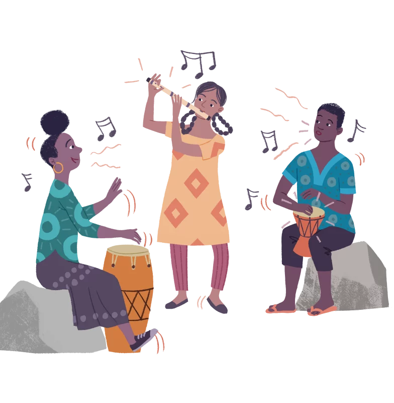 Illustration: Three people playing the flute and drums. Illustrator: Toby Newsome.