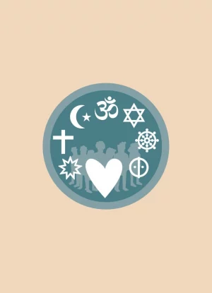 Illustrates a group of people with different religions talking in a circle.
