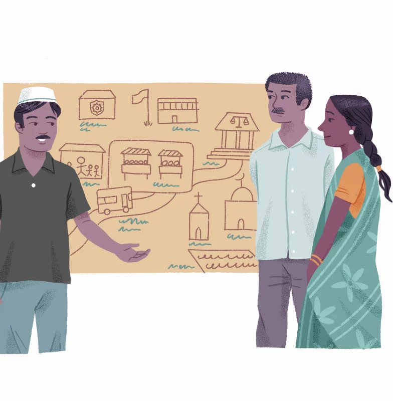 Illustration of people gathered around flip chart sheet. Illustrates the 'FORB in my town' exercise from the Local Changemakers Course. Illustrator: Toby Newsome.